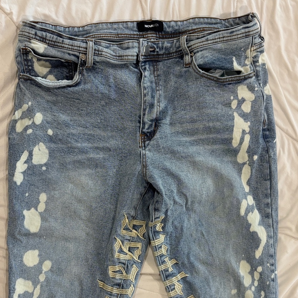 Men’s Ruthless Embroidered Skinny Bleached Blue Washed Flare Jeans Size 38